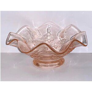 Vintage Dugan Pink Glass Ruffled Bowl Candy Dish w/ Floral Pattern